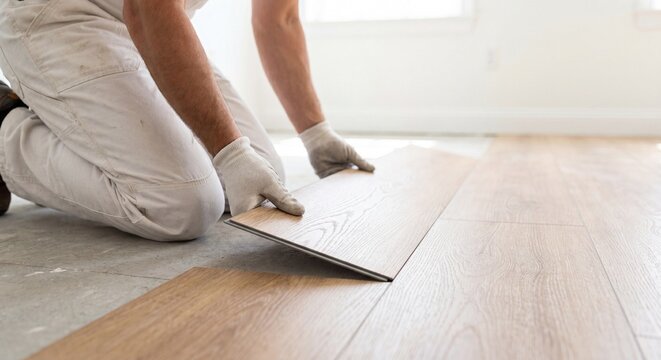 Worker installing laminate wood flooring in home renovation