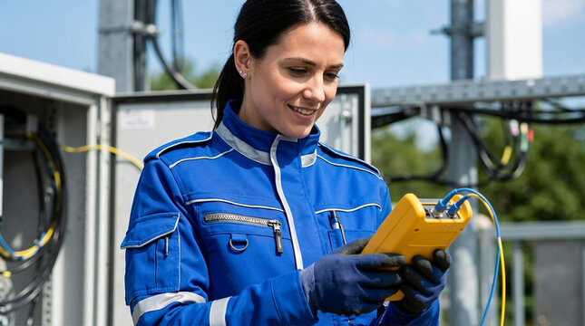 Female telecom technician using yellow testing device on fiber optic cables. Smiling woman worker in blue uniform checking network connection at outdoor cabinet