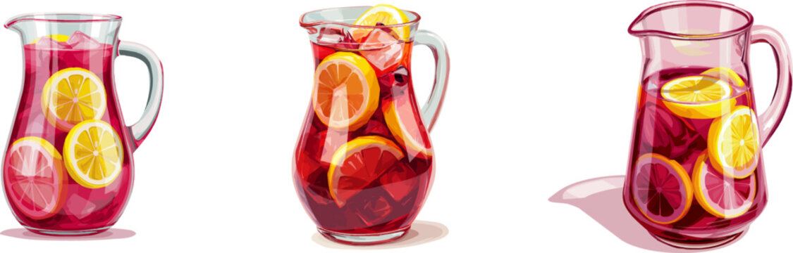 A clear glass pitcher filled with deep red chilled hibiscus herbal iced tea and lemon slices, presented in a minimalist vector art style with rich ruby crimson, bright lemon yellow, and transparent