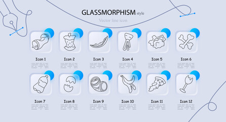 Glassmorphism waste items set icon. Crushed can, apple core, peel, jellyfish shape, organic scraps, bones, plastic bottle, eggshell, aluminum can, banana peel, pizza slice, broken glass arranged © Anastasia