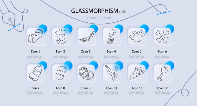 Glassmorphism waste items set icon. Crushed can, apple core, peel, jellyfish shape, organic scraps, bones, plastic bottle, eggshell, aluminum can, banana peel, pizza slice, broken glass arranged