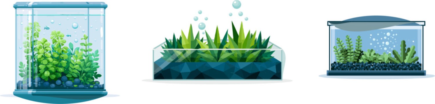 A minimalist aquarium setup with geometric green plants and floating bubbles in a clean blue tank, featuring flat design elements and vibrant colors