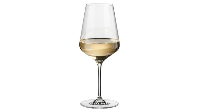 Clear glass goblet filled with pale yellow wine, isolated on transparent background