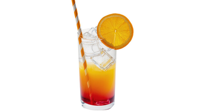 Tall glass with layered orange and red cocktail ice cubes orange slice garnish and striped straw, isolated on transparent background