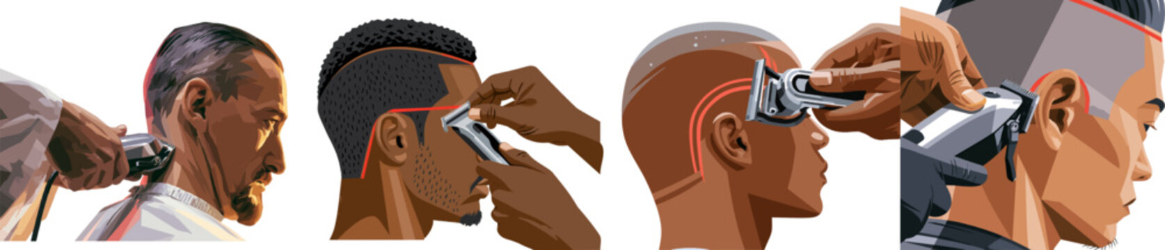 A barber meticulously trims a neck with sharp geometric metal edge clippers, showcasing precision in flat, vector art design with minimalist shapes and vibrant colors