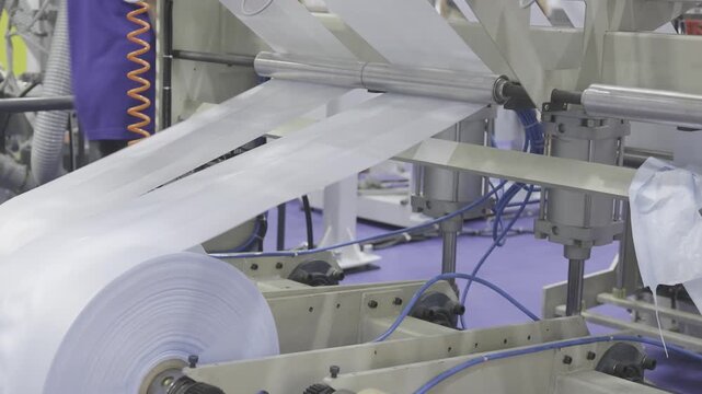 Industry machine working. Factory machine working, Machine feeds plastic bags into the automatic cutting machine. Factory machine working. Manufacturing system, Industrial automation, Production line.