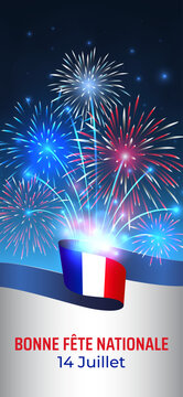 Banner 14 july bastille day in france. Wallpaper with french colorful fireworks on dark sky background. French national holiday. Fireworks france flag. Vector. Translation: Happy National Day July 14