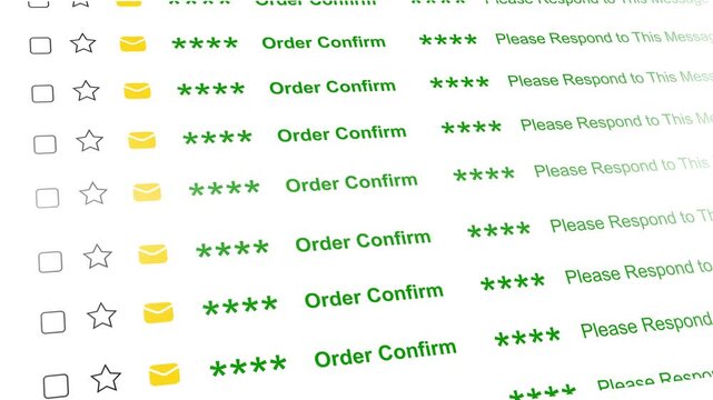 New Message Email notification list display animation with Order confirm isolated on white background. Unread Messages Alert, New email notification alert concept. Client satisfied icon.