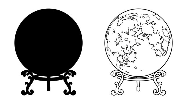 Crystal ball with ornate stand silhouette and line art illustration