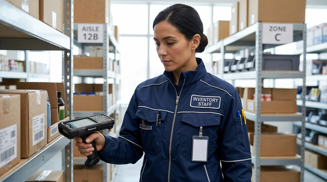 Focused female inventory staff worker using barcode scanner in warehouse. Woman in blue uniform jacket with blank ID badge checking stock on metal shelves