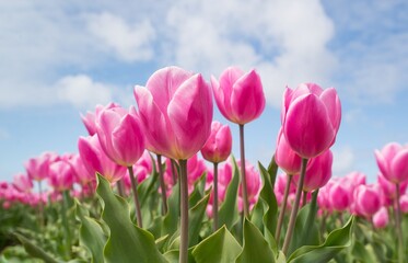 Obraz premium pink tulips against blue sky