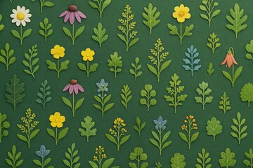 Obraz premium Colorful floral and botanical elements arranged in pattern on green background with light shadow for natural abstract decorative concept. Ai generative