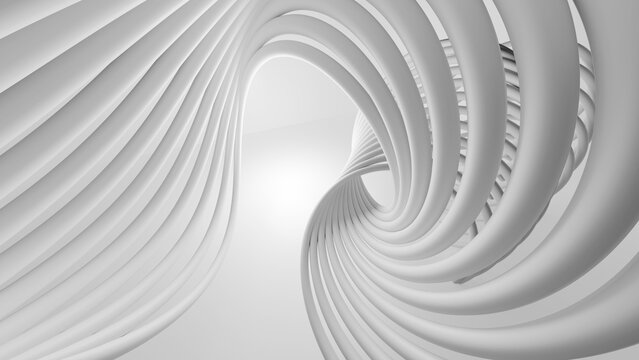 Abstract 3D render of a futuristic interior featuring a swirling vortex of white geometric cables and fluid parallel pipes