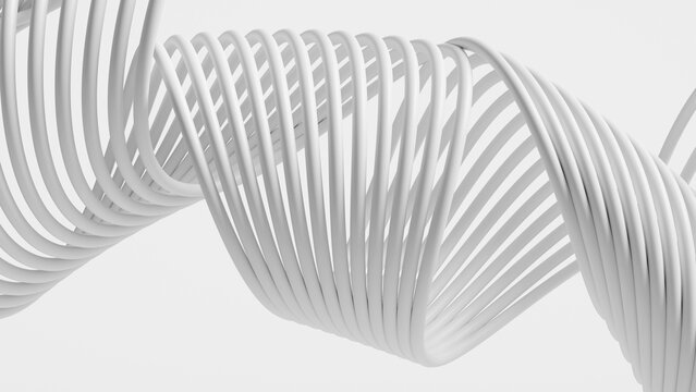 Abstract 3D render of a close-up background featuring a spiral helix of white geometric cables and parallel curved pipes on a bright studio setup