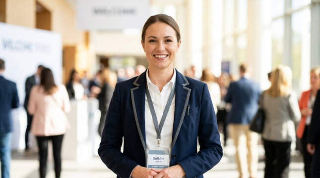 Smiling female event staff member with name badge at conference. Professional woman in blue blazer standing in busy convention hall