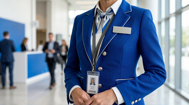 Close up of female conference staff uniform in bright blue. Professional event coordinator wearing blazer with lanyard and name badge