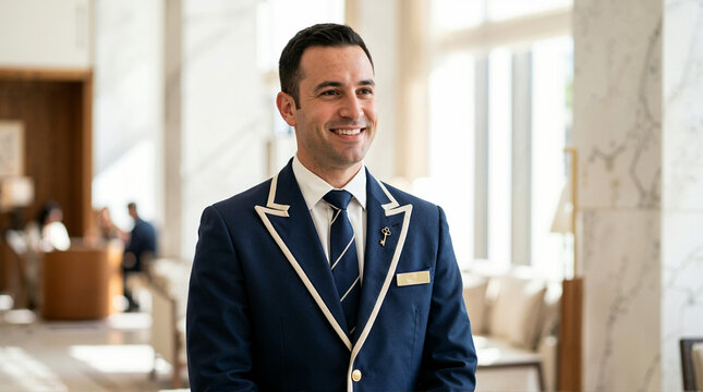 Smiling male concierge in navy blue uniform with gold key pin. Professional hotel staff standing in luxury lobby environment