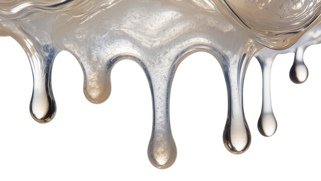 Viscous clear liquid dripping forming teardrop shapes, isolated on transparent background