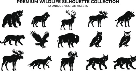 Fototapeta premium Premium Wild Animals Silhouette Icon Set Featuring Monochrome Black Bear Wolf Deer Moose Bison Panther Eagle Owl Fox Ram and Lynx Vector Wildlife Elements