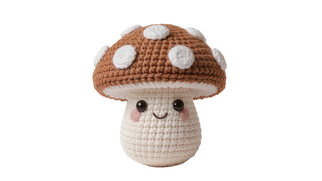 Cute crocheted mushroom toy with white polka dots, isolated on transparent background