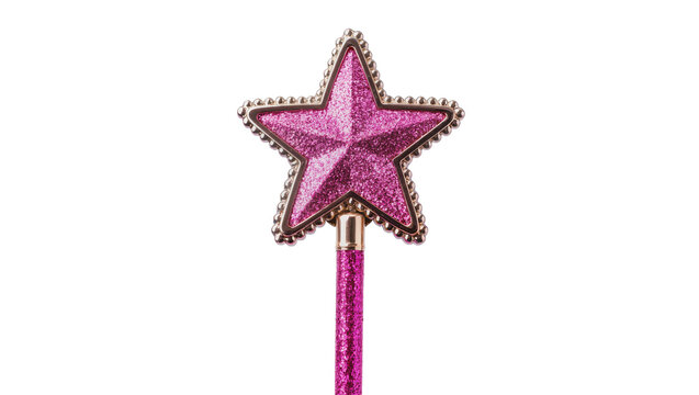 Sparkling pink star-shaped magic wand with golden trim, isolated on transparent background