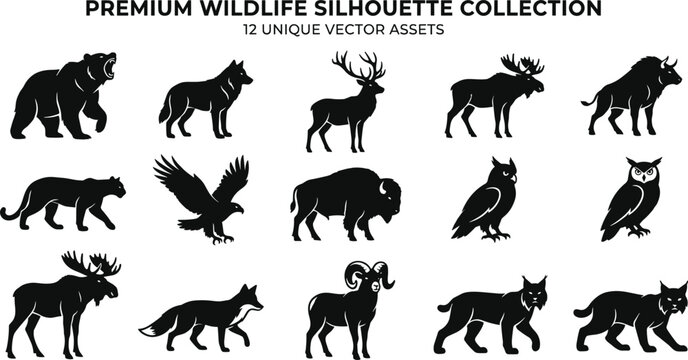 Premium Wild Animals Silhouette Icon Set Featuring Monochrome Black Bear Wolf Deer Moose Bison Panther Eagle Owl Fox Ram and Lynx Vector Wildlife Elements
