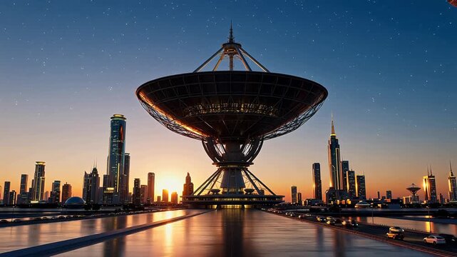 Modern cityscape with satellite dish