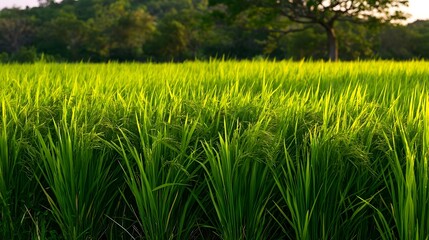 Obraz premium An expansive rice paddy field gently sways in the wind illuminated by a warm golden glow