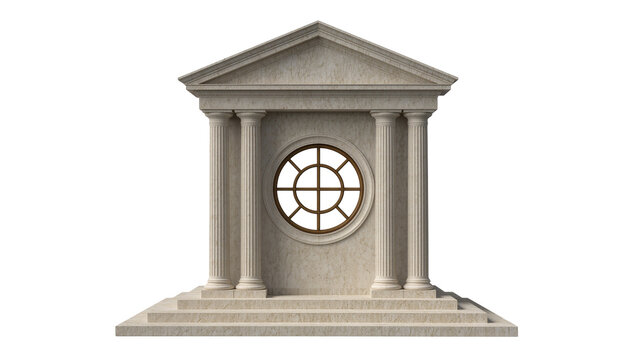 Classical stone building facade with columns and round window, isolated on transparent background
