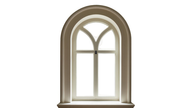 Arched architectural window frame with mullions, isolated on transparent background