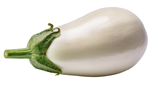 White eggplant with green stem and calyx, isolated on transparent background