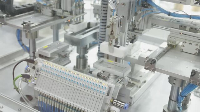 Pneumatic robotic arm in industrial automation system. Automated manufacturing process simulation in smart factory environment.