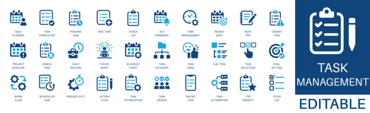 Task management and to do list solid icon set. Featuring deadline, productivity, time management, action plan, goal setting, and workflow. Editable vector glyphs for corporate planning and strategy.