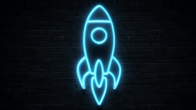 Neon cyan rocket outline on dark brick wall with progressive light activation and centered