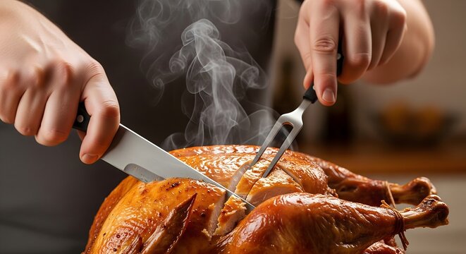Chef carving hot roasted turkey for Thanksgiving holiday dinner meal