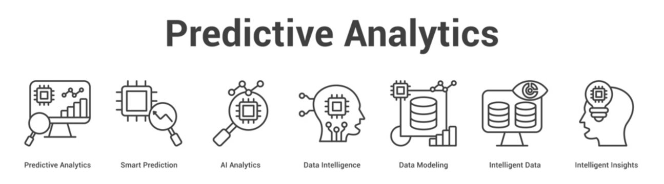 Predictive Analytics web banner icon set vector illustration concept for business with icon of Predictive Analytics, Smart Prediction, AI Analytics, Data Intelligence, Data Modeling, Intelligent Da.