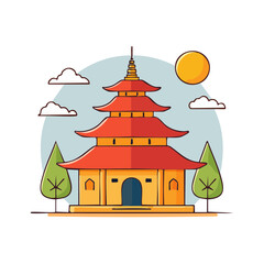 Obraz premium Flat illustration of a traditional pagoda temple with trees and sun