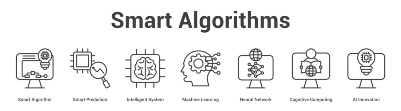 Smart Algorithms web banner icon set vector illustration concept for business with icon of Smart Algorithm, Smart Prediction, Intelligent System, Machine Learning, Neural Network, Cognitive Computi.