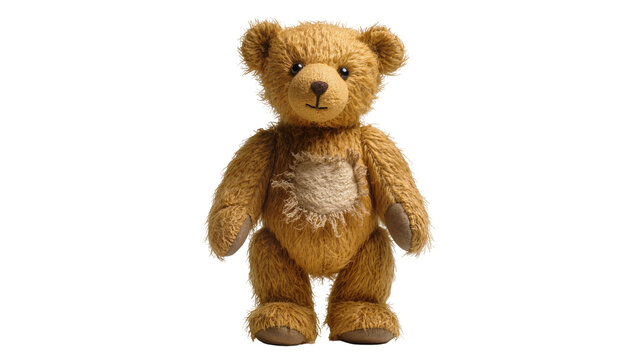 Fluffy brown teddy bear with worn fur, isolated on transparent background