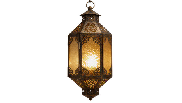 Ornate brass Moroccan lantern with amber glass panels, isolated on transparent background