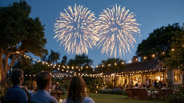 Fireworks display lighting up the night sky over a backyard gathering with string lights and people enjoying the Independence Day celebration in a suburban setting