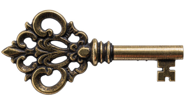 Antique ornate brass skeleton key with decorative bow, isolated on transparent background