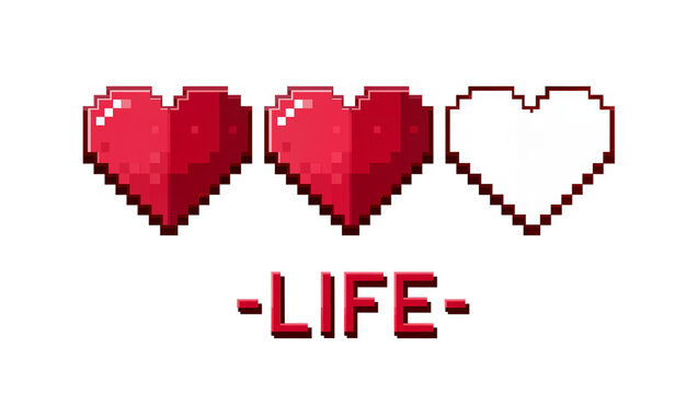 Pixelated red hearts representing health bar, isolated on transparent background