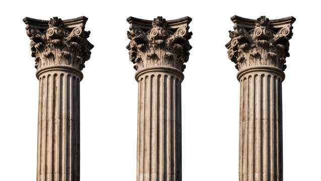 Three ornate Corinthian stone columns with detailed capitals, isolated on transparent background