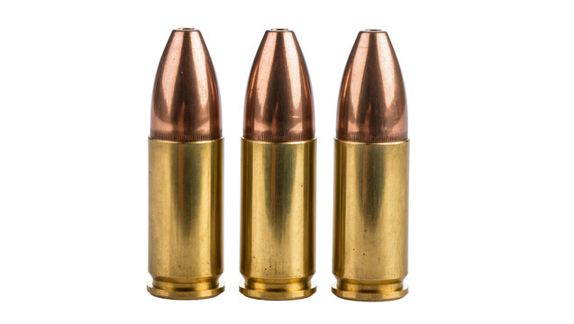 Three brass and copper bullets, isolated on transparent background