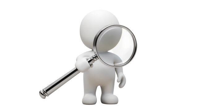 White 3D character holding a magnifying glass to its eye, isolated on transparent background