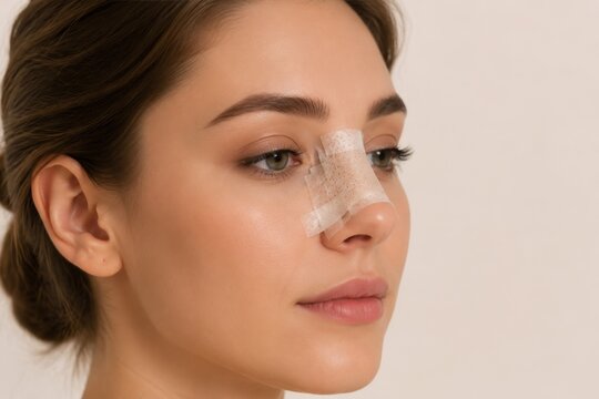 Woman with adhesive plaster on nose after rhinoplasty surgery. Patient recovering after nose correction procedure. Aesthetic medicine and plastic surgery concept for post operation care.