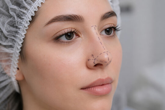 Woman with marks on nose for rhinoplasty surgery preparation. Patient ready for plastic surgery procedure. Cosmetic medical consultation concept. Face contouring for corrective operation.
