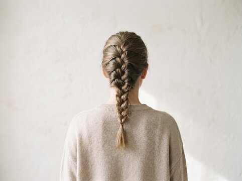Woman with a French Braid Hairstyle Standing Against a Textured White Wall