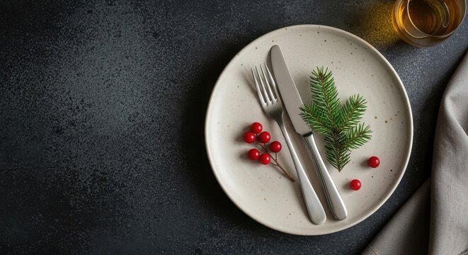 Minimalist dining table setting with fork knife fresh herbs, minimalist design